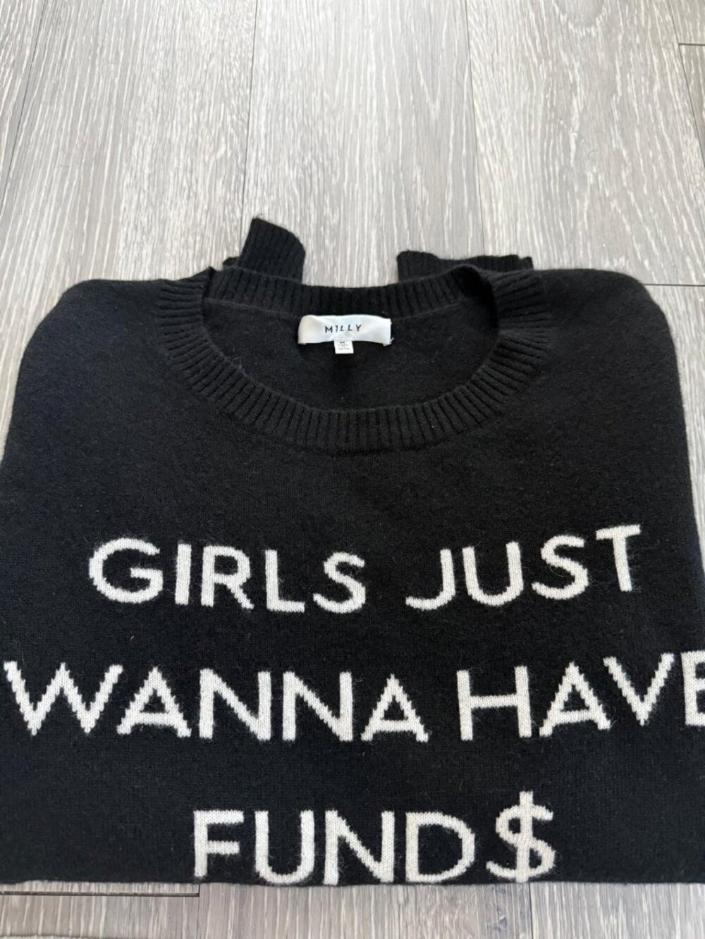 MILLY "Girls Just Wanna Have Fund$" Cashmere Sweater in Black